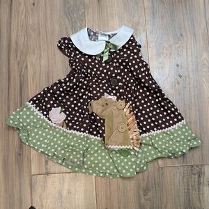 Bonnie Jean Horse Themed Green And Brown Dress with White Polka Dots, 2T